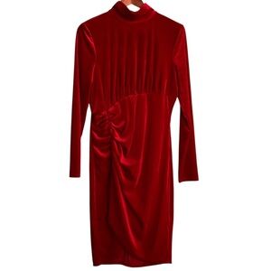 Premier Amour Rich Red Velour Ruched Mock Neck Mini Dress Size 12
